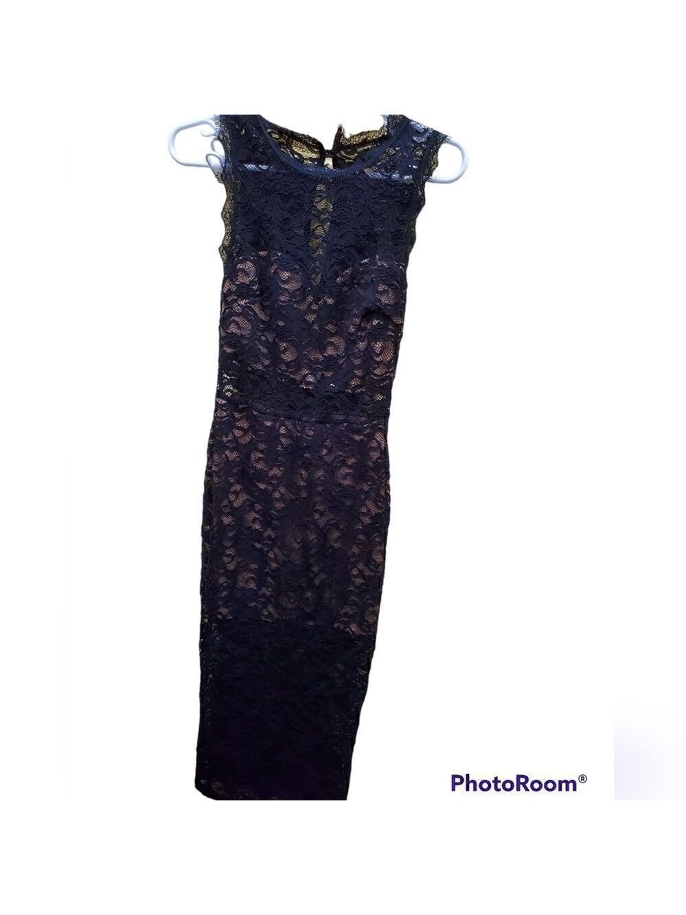 Sabora Black Lace Bodycon Midi Dress M Cocktail Wedding Guest Date Night